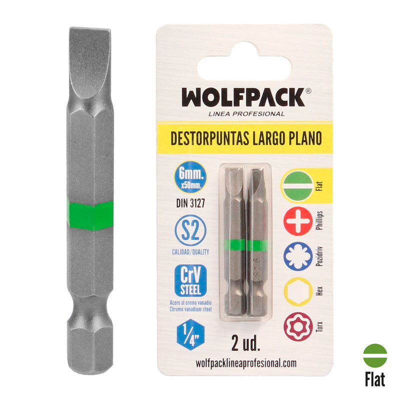 Puntas Destornillador Largo Plano 6 mm. (2 Piezas). Acero S2 al Cromo Vanadio. Puntas Hexagonales, Destorpuntas,