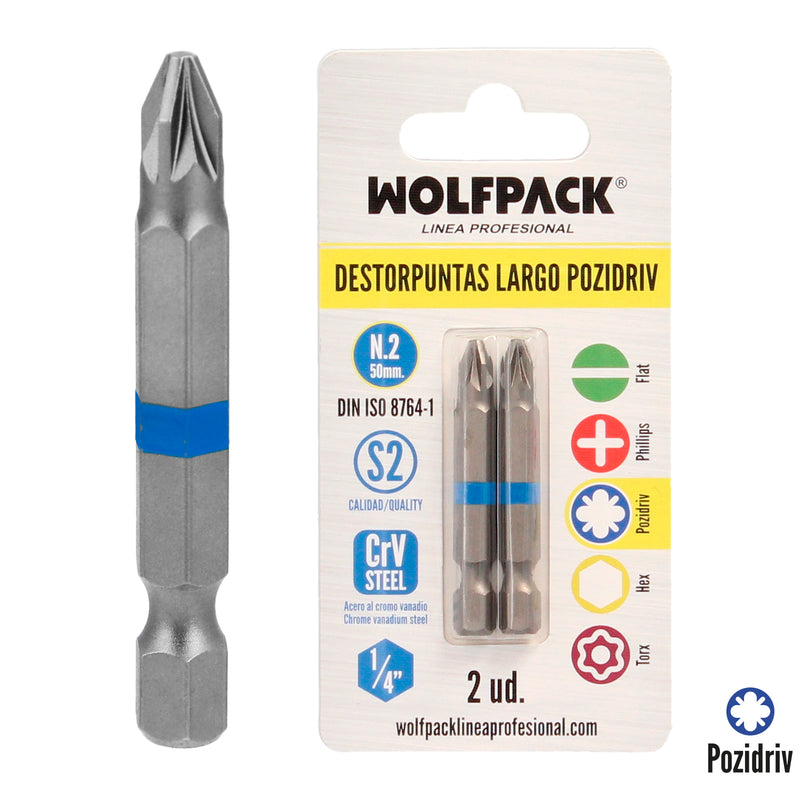 Destorpuntas Largo Pozidriv Nº 2 (2 Piezas) Acero S2 al Cromo Vanadio. Puntas Hexagonales, Destorpuntas,