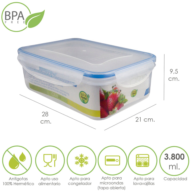 Recipiente Hermetico Plastico Rectangular 3.800 ml. 28x21x9.5 (Alt.) cm.
