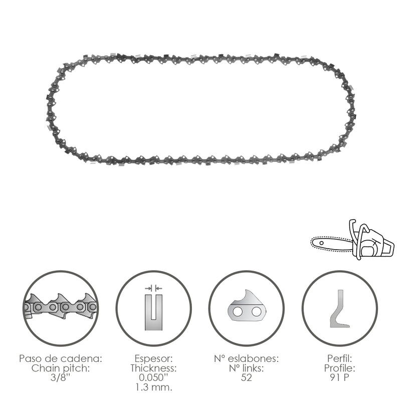 Cadena Motosierra 3/8 / 0.050 1,3 mm. / 52 Eslabones / 91 P
