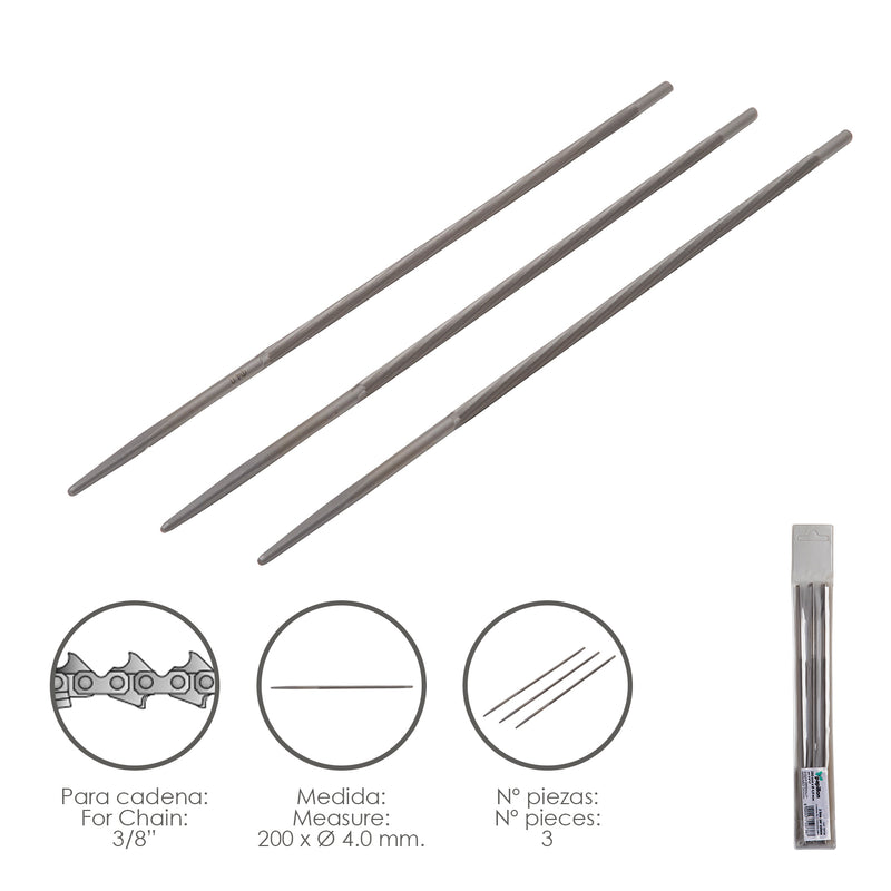 Limas Cadena Motosierra 200 x Ø 4.0 mm. 3/8 LP (Pack 3 Piezas)