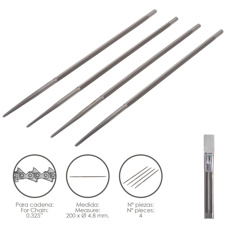 Limas Cadena Motosierra 200 x Ø 4.8 mm. 0.325 (Pack 4 Piezas)