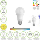 Bombilla Led Estandar Rosca E27. 13,5 Watt. Equivale A 100 Watt. 1521 Lumenes. Luz Calida (3000º K.)