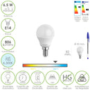 Bombilla Led Esfera Rosca E14. 6.5 Watt. Equivale A 55 Watt. 806 Lumenes. Luz Fría 6500º K.