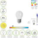 Bombilla Led Esfera Rosca E27. 6.5 Watt. Equivale A 50 Watt. 806 Lumenes. Luz Calida 3000º K.