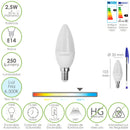 Bombilla Led Vela E14. 2,5 Watt. Equivale A 20 Watt. 250 Lumenes. Luz Fria 6500º K.