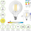 Bombilla Led Filamento Globo E27. 11 Watt. Equivale A 100 Watt. 1521 Lumenes. Luz Calida 2700º K.